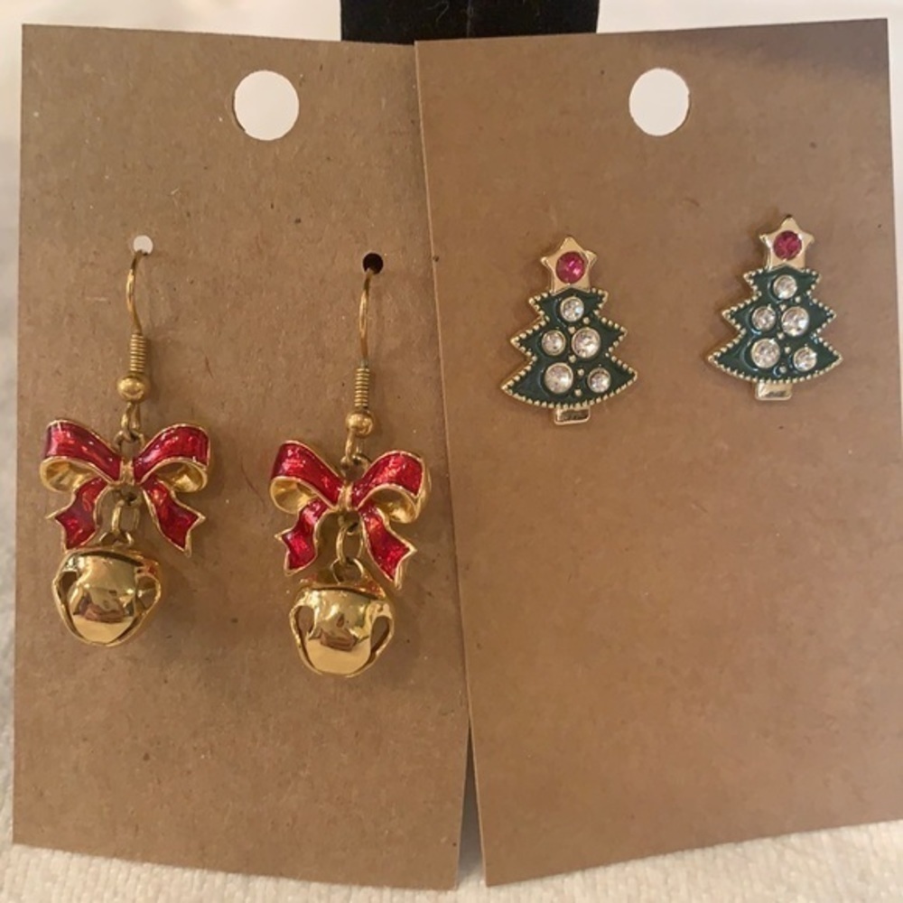 💐5/25 Christmas jingle bells red bow clear and red crystal trees earrings